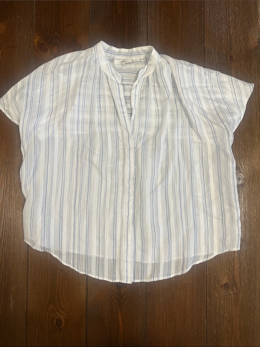 Vince  Oversized White & Light Blue Striped Lightweight Short Sleeve Blouse